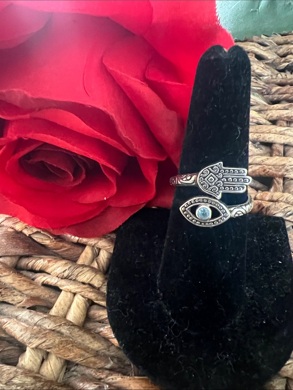 Sterling-Style Silver Hamsa & Evil Eye Stackable Ring - Silver